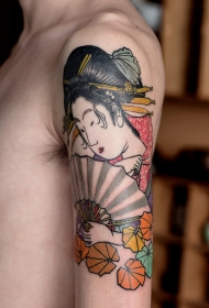 大臂日式和风艺妓彩绘纹身图案