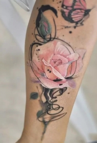 小腿水彩玫瑰个性纹身图案