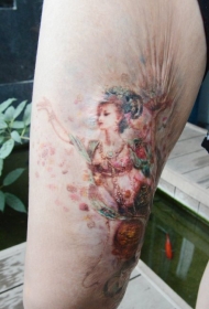 腿部精美的彩绘仙女下凡纹身图案