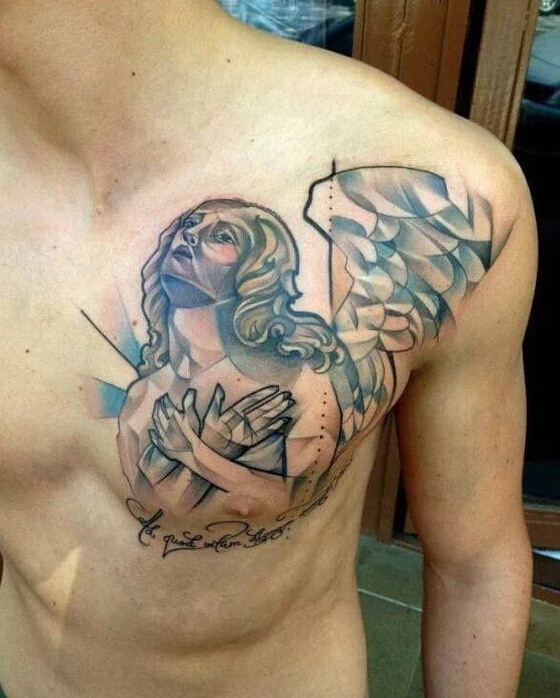 点击大图看下一张：胸部抽象的天使纹身图案