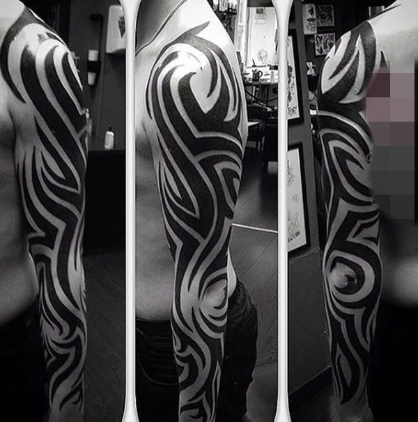 点击大图看下一张：15款黑白灰风格几何元素简约线条满臂花臂纹身图案大全