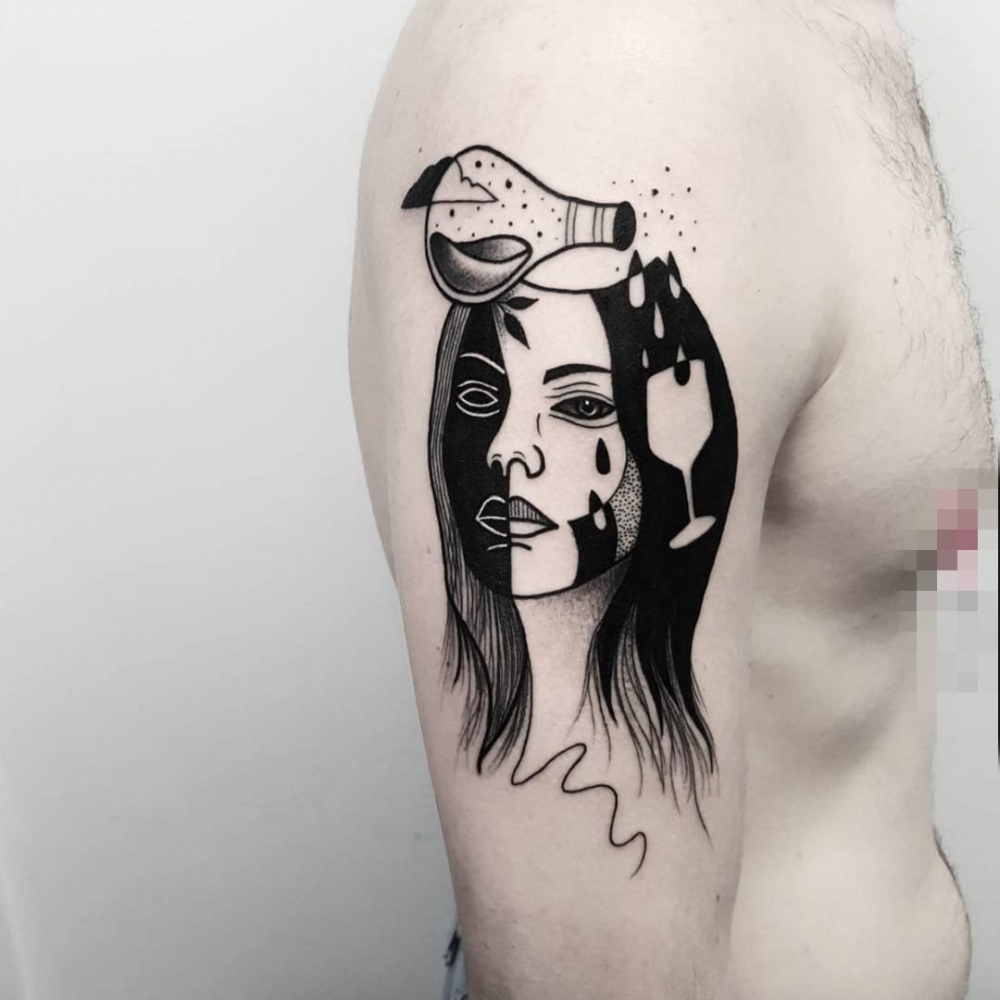 点击大图看下一张:黑白点刺技巧抽象线条人物肖像纹身图案