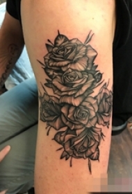 手臂上黑白灰风格抽象线条点刺技巧植物素材花朵纹身图片