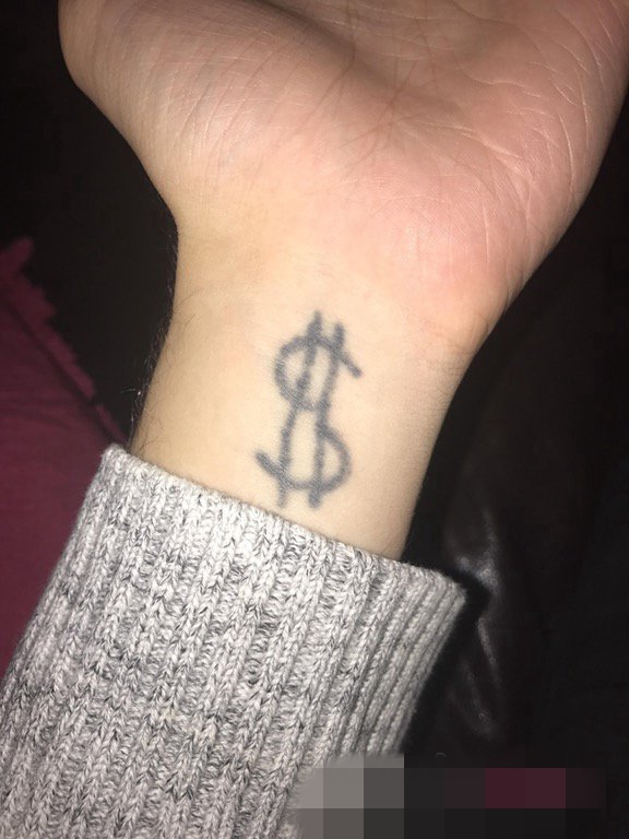 点击大图看下一张:手腕上黑白抽象线条美元纹身图片