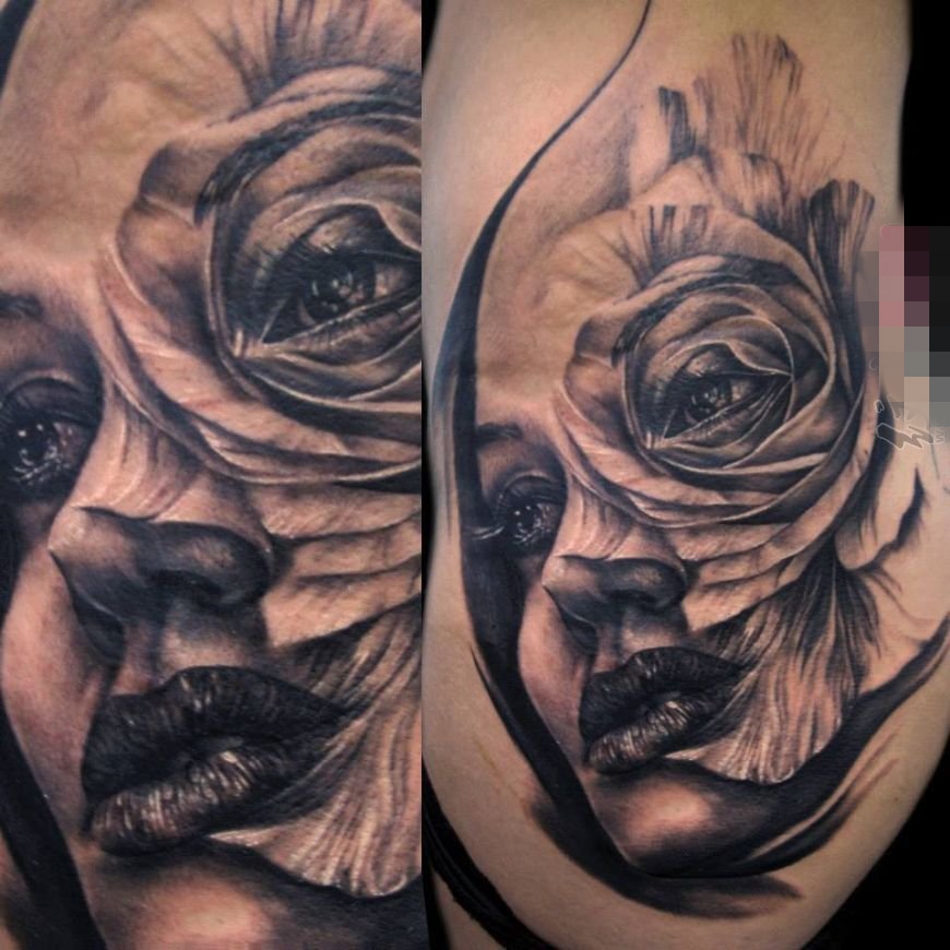 点击大图看下一张：超现实主义黑白点刺技巧人物肖像纹身图案