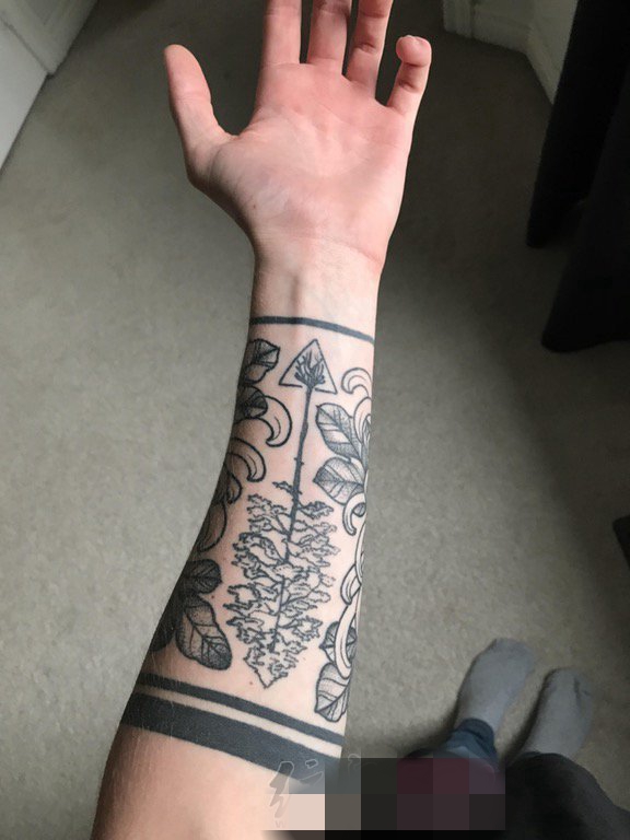 点击大图看下一张：男生手臂上黑白点刺几何线条植物纹身图片