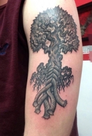 男生手臂上黑白植物点刺技巧生命树纹身图片