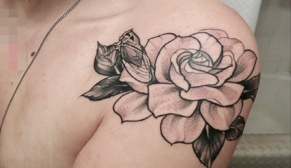 点击大图看下一张：女生手臂上黑色点刺技巧植物花朵纹身图片