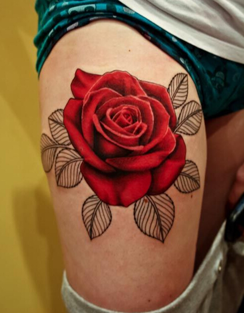 点击大图看下一张：大腿潮流唯美的玫瑰花纹身图案