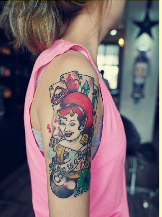 点击大图看下一张：手臂创意彩色魔鬼女郎纹身图案