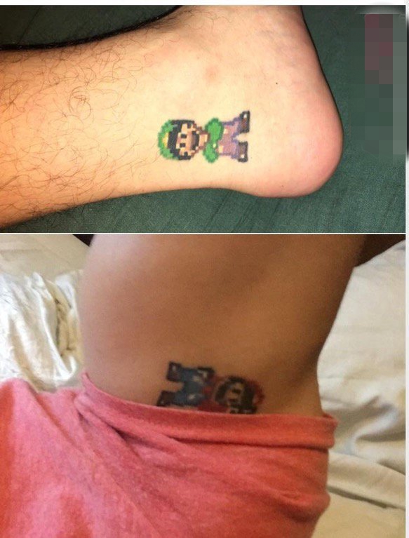 点击大图看下一张：男生脚踝彩绘马里奥纹身图片