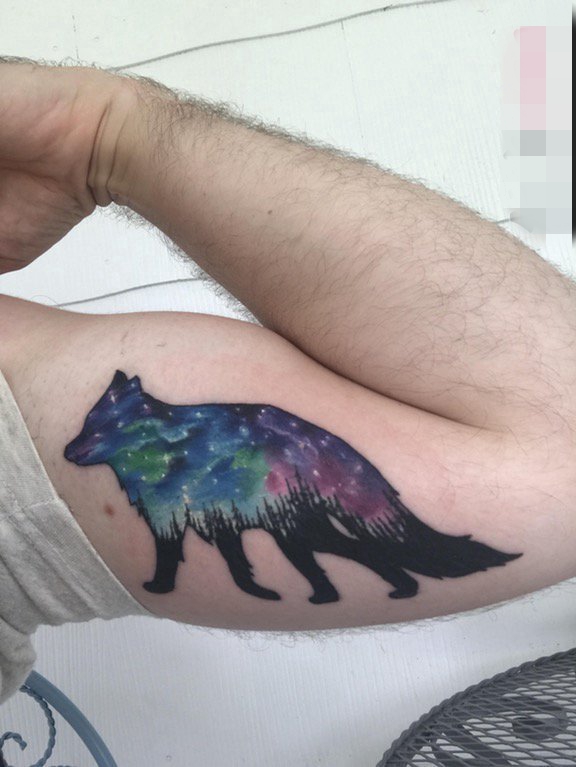 点击大图看下一张：男生手臂上彩绘狼与星空纹身图片