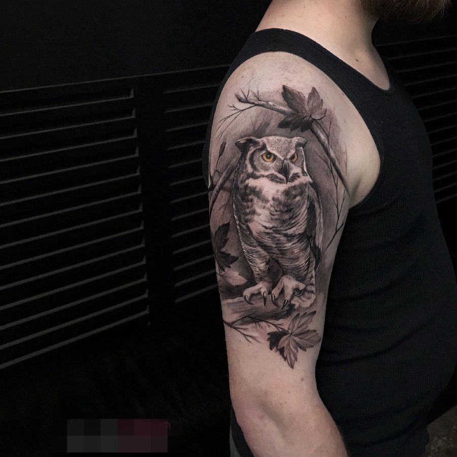 点击大图看下一张：男生手臂上黑灰素描创意霸气猫头鹰纹身图片