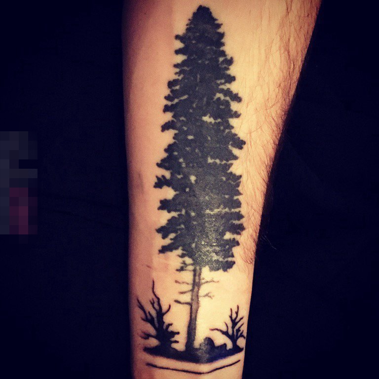 点击大图看下一张：男生手臂上黑灰色清新树木纹身图片