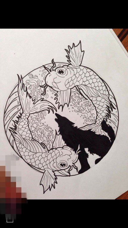 点击大图看下一张：创意黑灰色浪花鲤鱼与狼匹纹身手稿素材