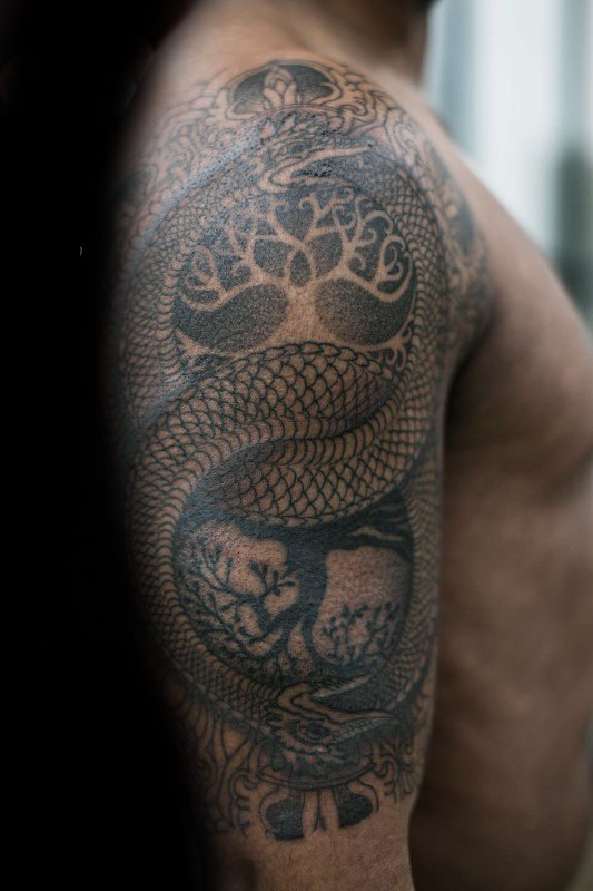 点击大图看下一张：男生手臂上黑色素描创意个性霸气蛇纹身图片