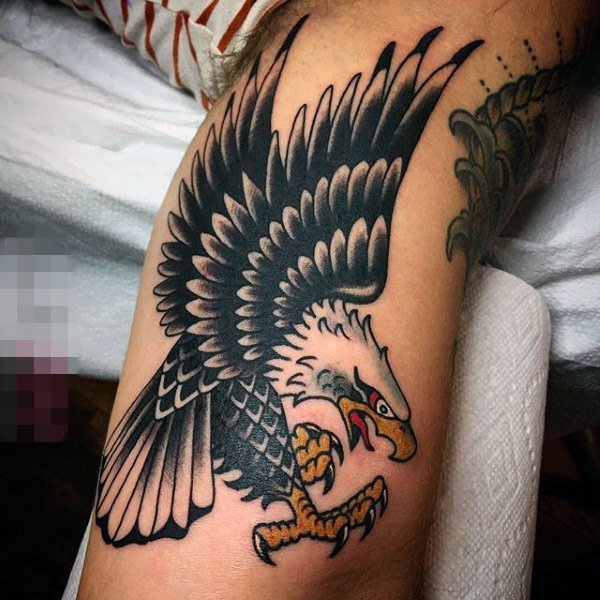 点击大图看下一张：女生小腿上黑色素描创意个性老鹰纹身图片