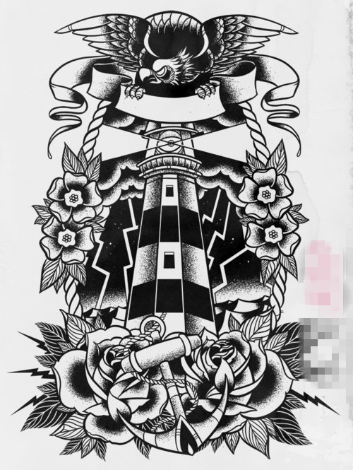 点击大图看下一张：黑色素描创意个性花朵和老鹰灯塔纹身手稿