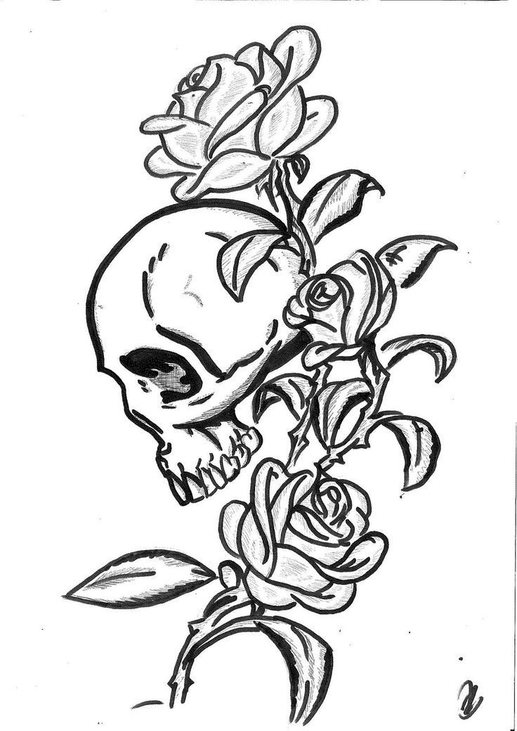 点击大图看下一张：黑色的玫瑰花和骷髅头的简单线条纹身手稿素材