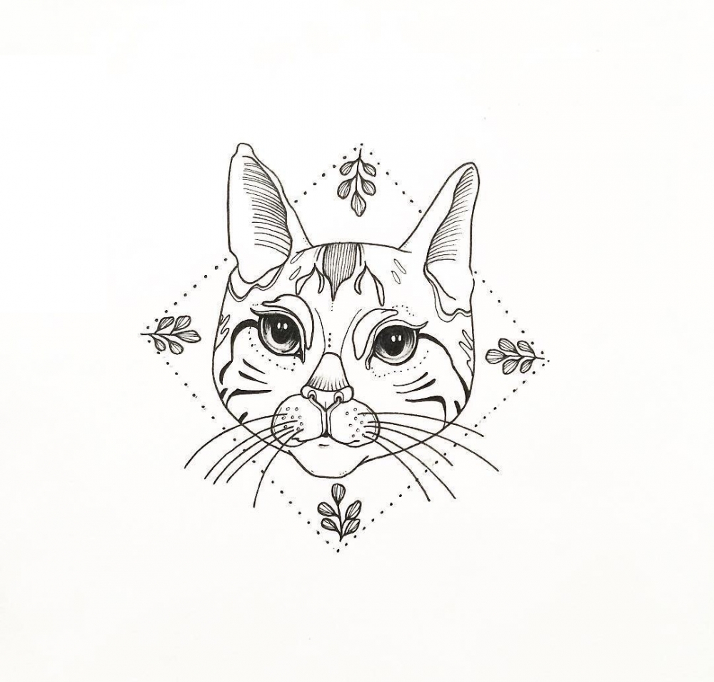 点击大图看下一张：黑色素描几何元素菱形树叶框中创意花纹猫咪纹身手稿