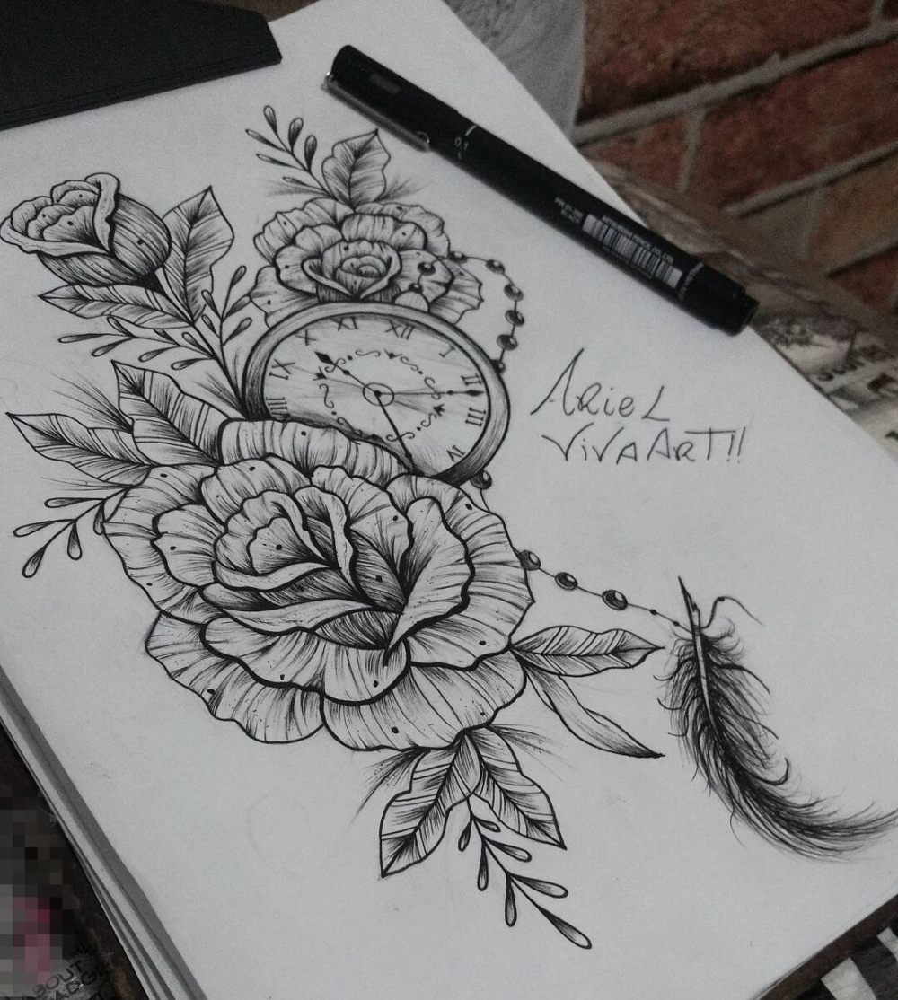 点击大图看下一张：黑色素描点刺技巧唯美花朵和怀表纹身手稿