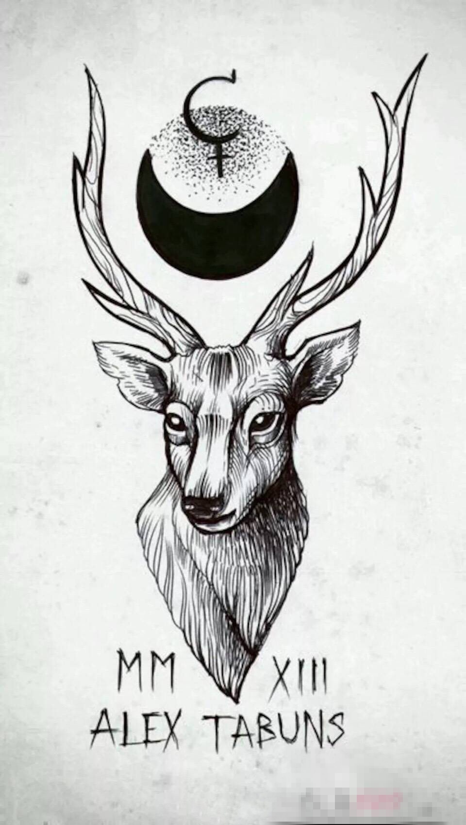 点击大图看下一张：黑色素描创意动物麋鹿纹身手稿