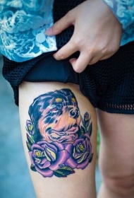 女性腿部时尚好看的汪星人玫瑰花纹身图案