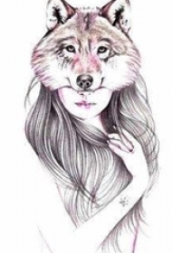 适合女生的彩绘狐狸少女纹身手稿图片