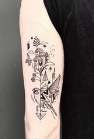 男生手臂上黑色几何线条小鸟和建筑物纹身图片