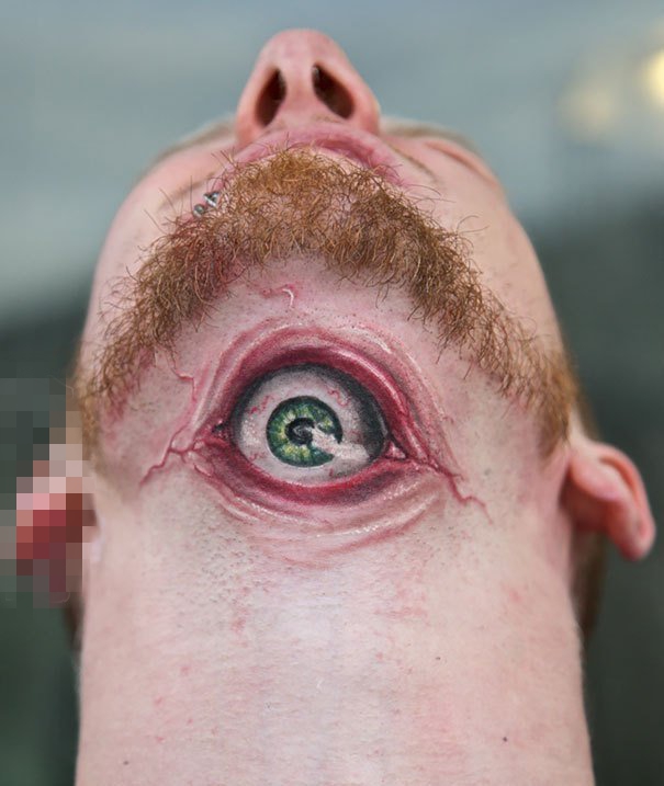 点击大图看下一张：男生脖子上彩绘素描超写实3d眼睛纹身图片