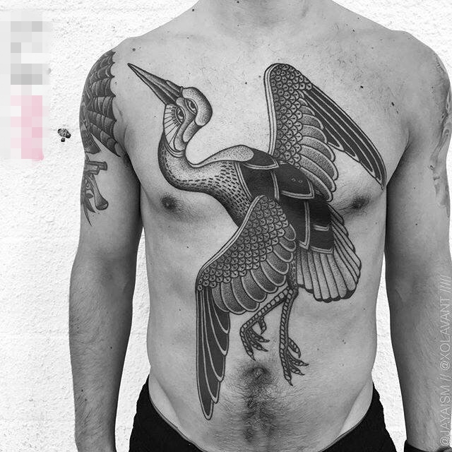 点击大图看下一张：男生胸口上黑色线条素描创意动物鹤纹身图片