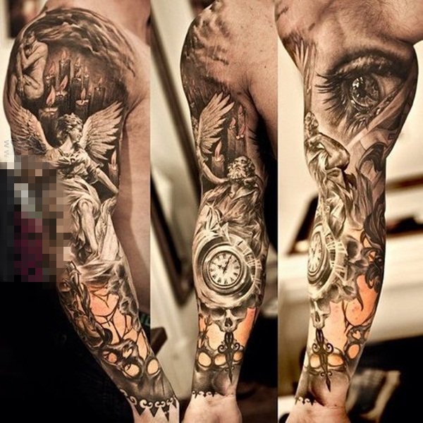 点击大图看下一张：男生手臂上黑色素描点刺技巧创意个性花臂纹身图案
