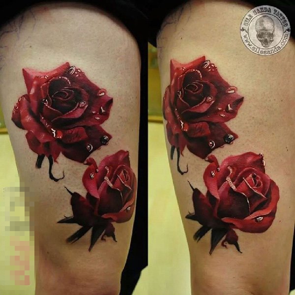 点击大图看下一张：女生大腿上彩绘水彩3d唯美红玫瑰纹身图片