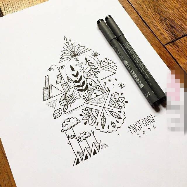 点击大图看下一张:黑色线条素描创意个性天空城纹身手稿