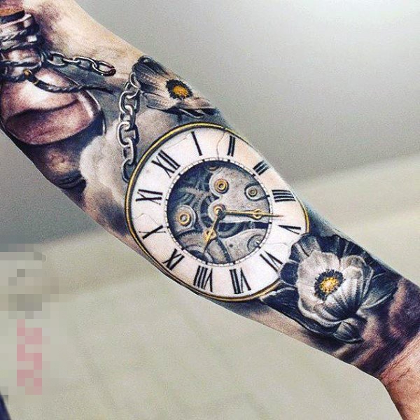 点击大图看下一张：多款关于钟表的黑色素描点刺技巧精美纹身图案