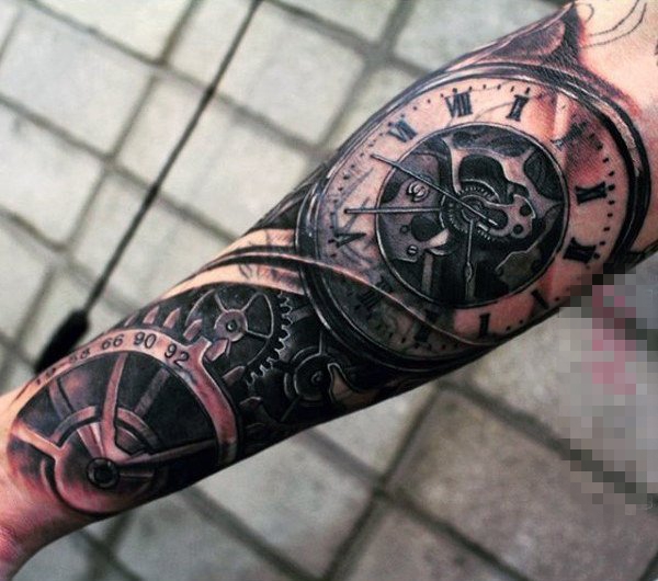 点击大图看下一张：多款关于钟表的黑色素描点刺技巧精美纹身图案