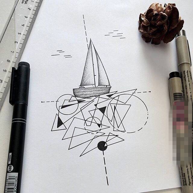 点击大图看下一张：个性的黑色点刺几何线条帆船纹身手稿