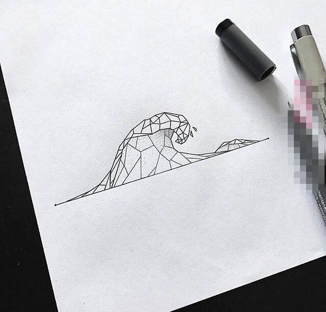 点击大图看下一张：黑色线条几何元素创意海浪纹身手稿