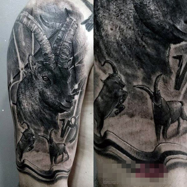 点击大图看下一张：男生手臂上黑色点刺技巧小动物羚羊纹身图片