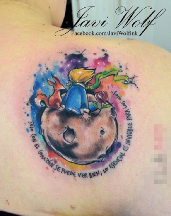 点击大图看下一张：女生肩部彩绘星球英文素材和小王子纹身图片