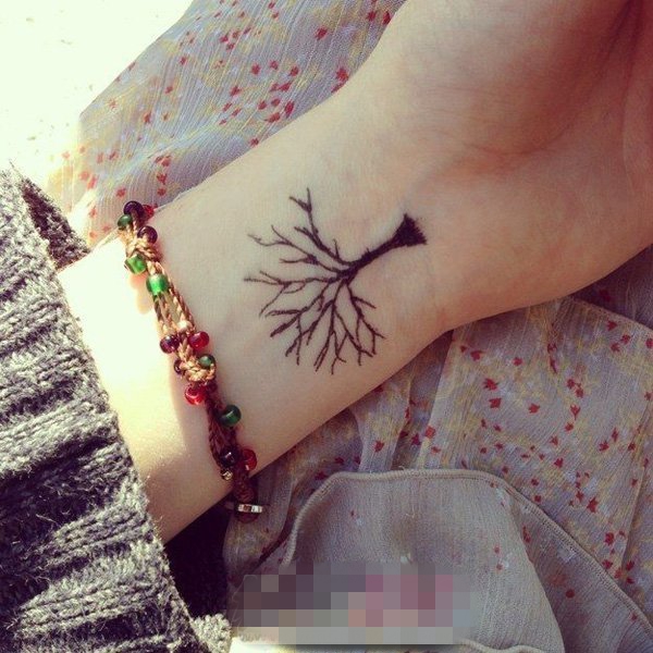 点击大图看下一张：女生手腕上黑色线条创意生命树纹身图片