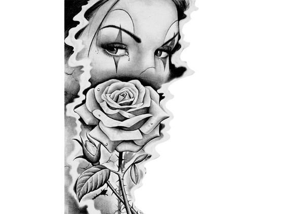 点击大图看下一张：黑色素描唯美女生人像和玫瑰纹身手稿