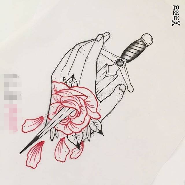 点击大图看下一张：红黑线条创意手与玫瑰匕首纹身手稿