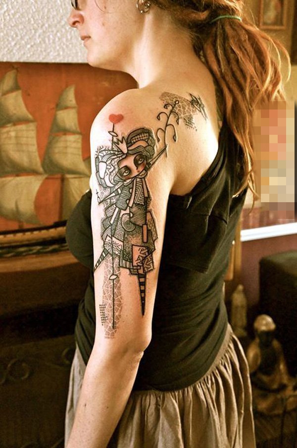 点击大图看下一张：女生手臂上黑色点刺几何线条人物肖像小女孩纹身图片