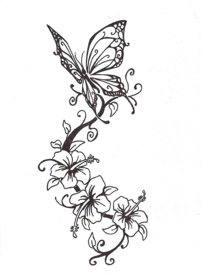 点击大图看下一张：简单的黑色抽象线条植物花朵和蝴蝶纹身手稿