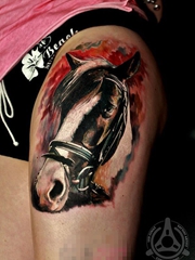 点击大图看下一张：男生手臂上彩绘皇冠和黑灰点刺狮子纹身图片