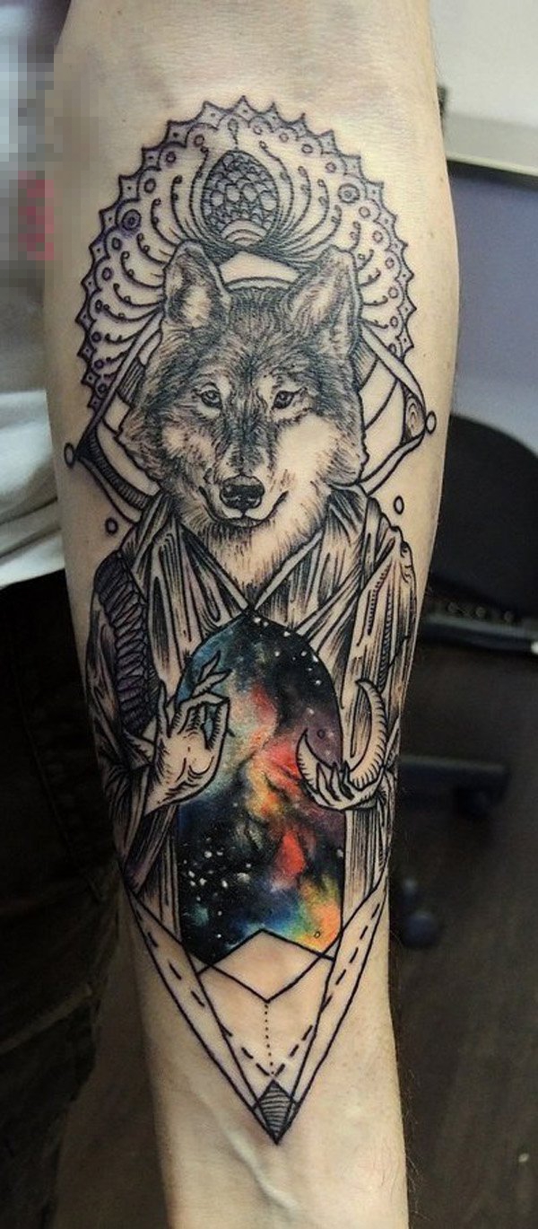 点击大图看下一张：男生手臂上黑色素描点刺技巧创意卡通狼先生纹身图片