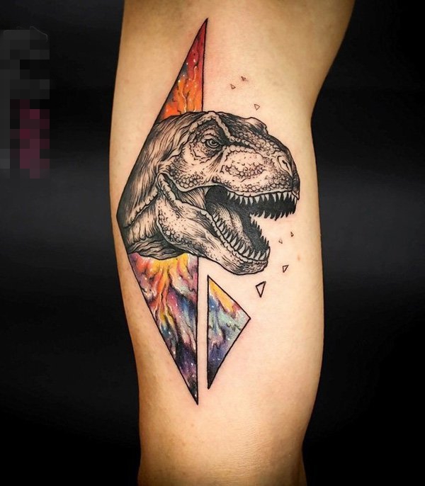 点击大图看下一张：女生小腿上黑色素描彩绘菱形恐龙纹身图片