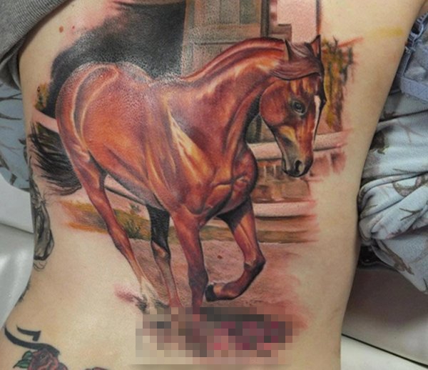 点击大图看下一张：男生侧腰上彩绘小动物马纹身图片