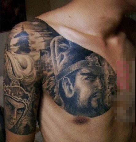 点击大图看下一张：勇猛威武的黑色点刺抽象线条人物肖像关公纹身图案